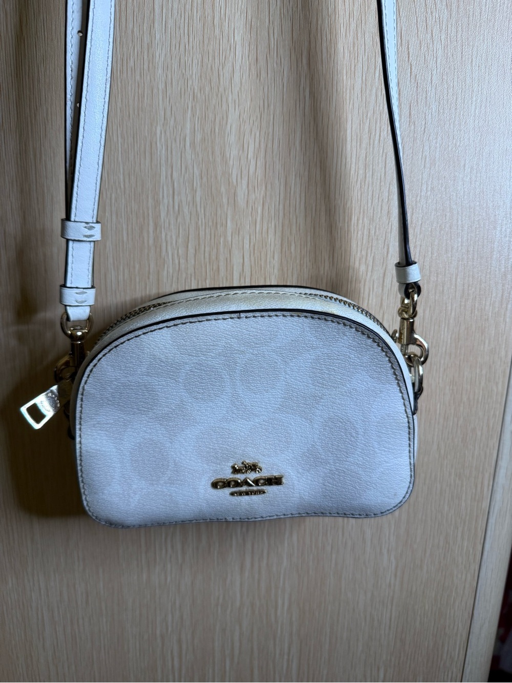 Coach Cream Signature Small Camera Crossbody with Gold Hardware